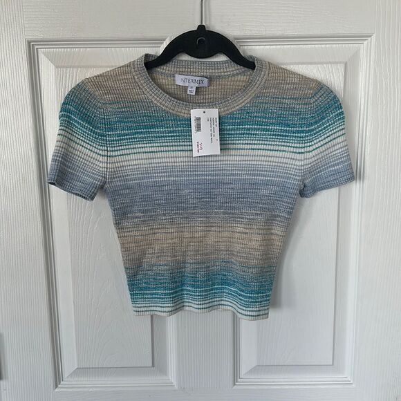 Intermix Aleeza Ombre Short Sleeve Crewneck Cropped T-Shirt Size P NWT - Picture 2 of 3